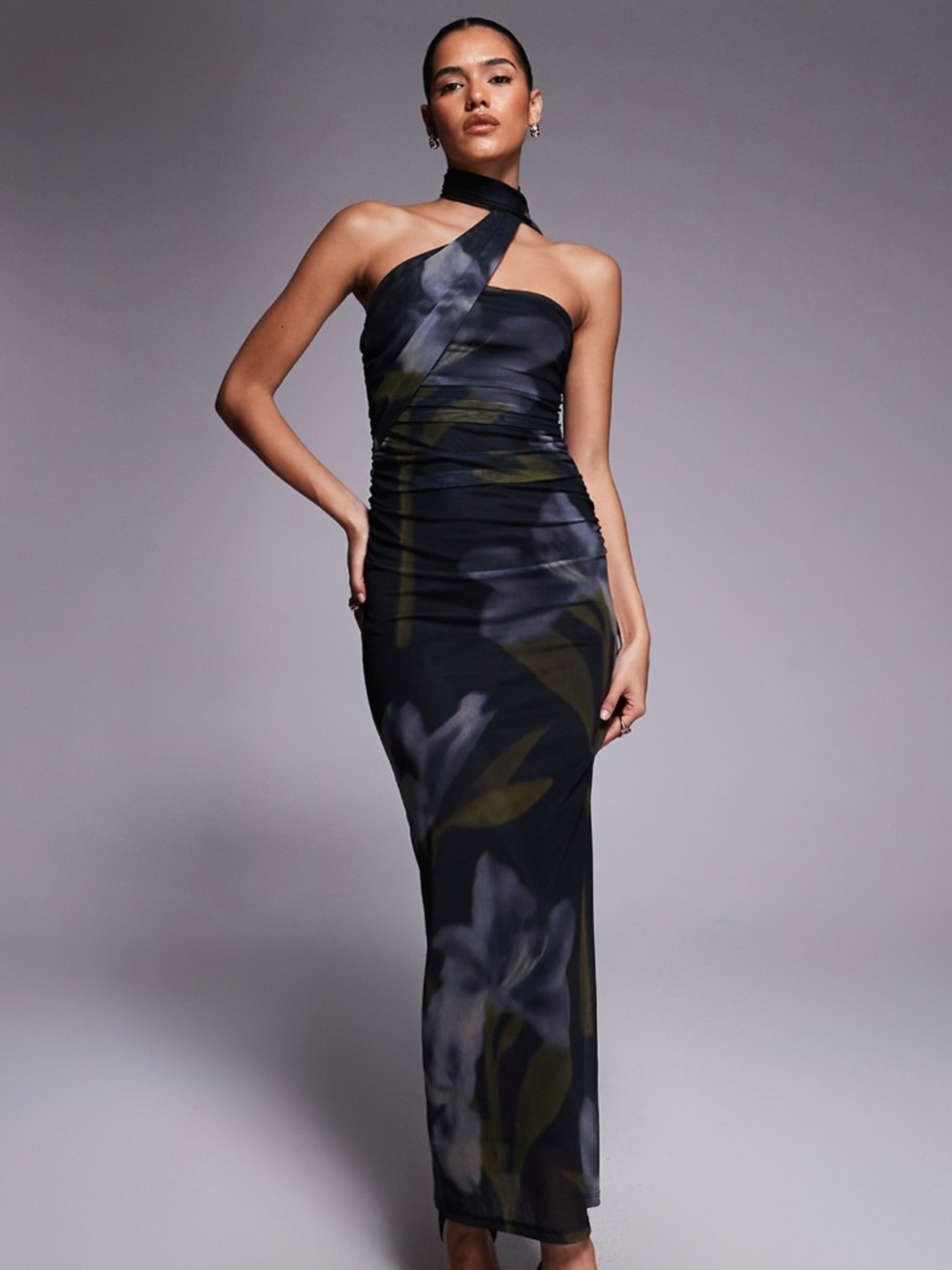 ASOS Design Dress Blue Floral Printed Mesh Wrap Scarf Detail Maxi Dress Bodycon